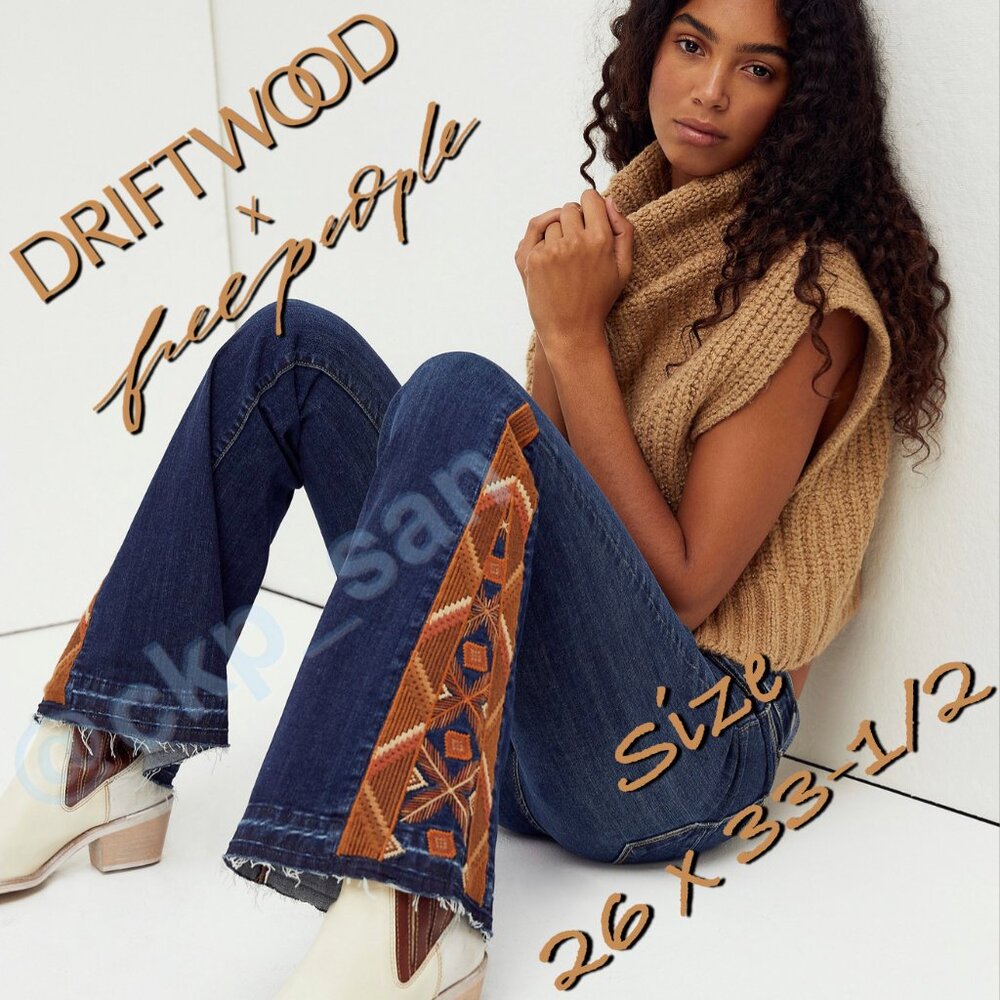 Free People x Driftwood Farrah Embroidered Flare Jeans Sz 26